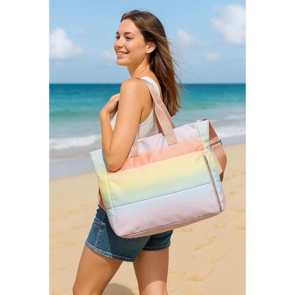 Rainbow Pastel Waterproof Beach Tote Bag for Women - Lightweight Quilted Shoulde - Picture 5 of 8